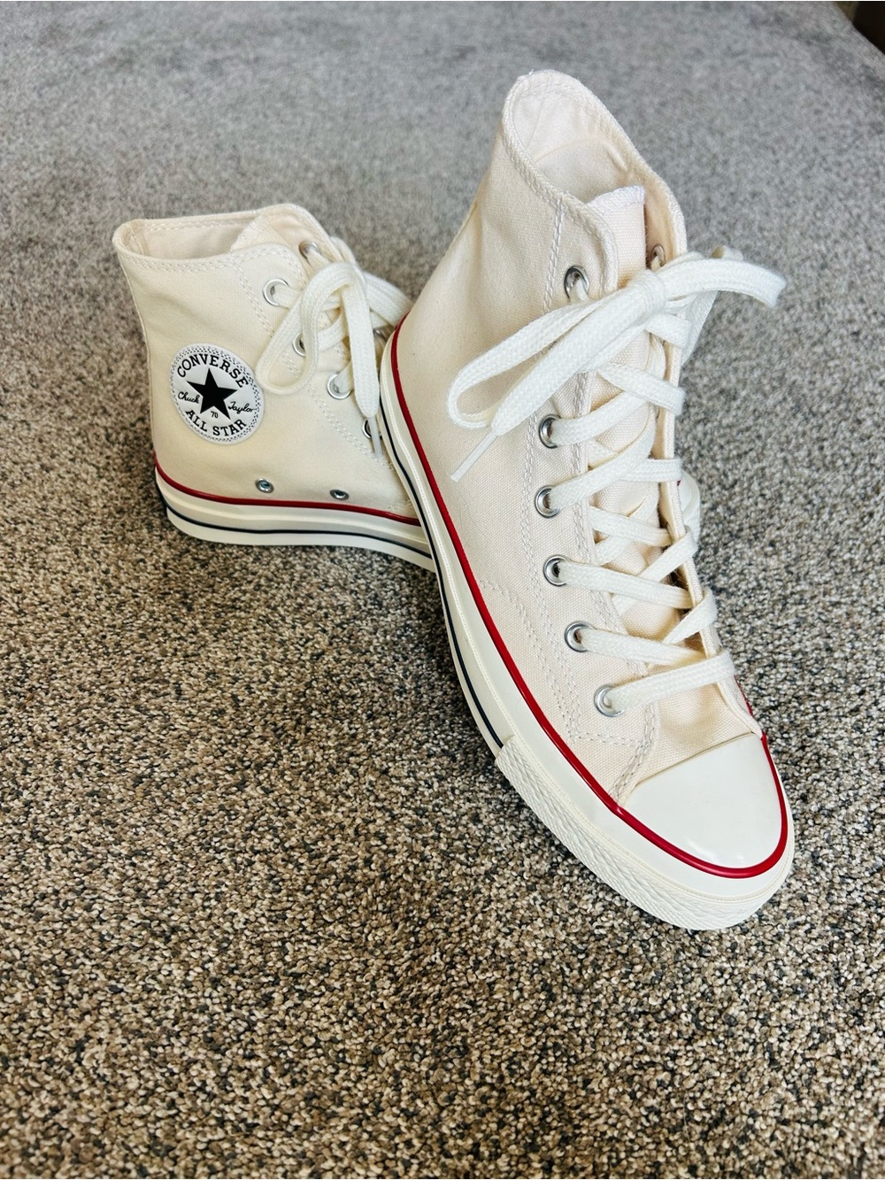 Converse Cream High Top Sneakers with Red Accent